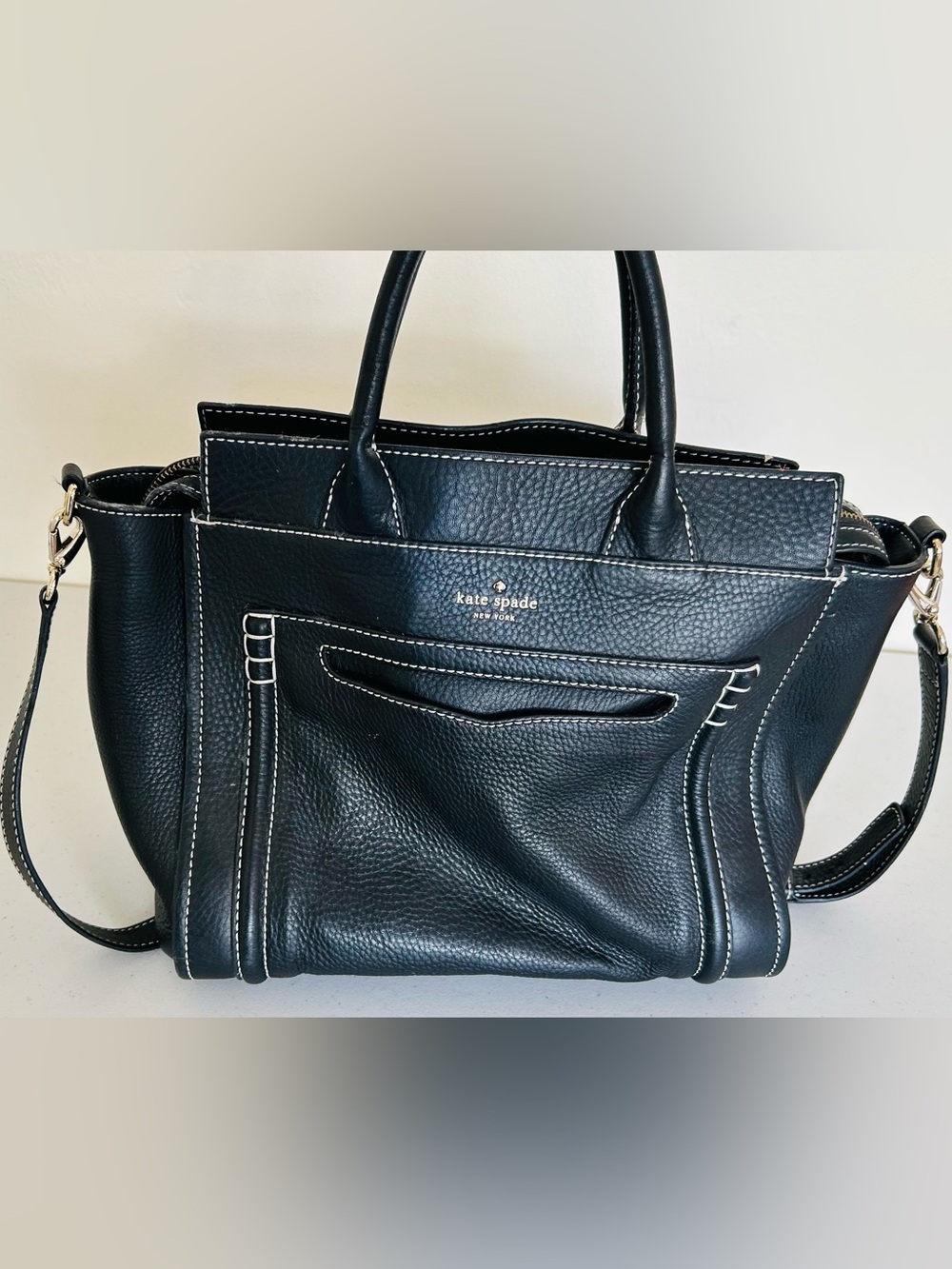 kate spade Black Pebbled Leather Shoulder Bag with White Stitching